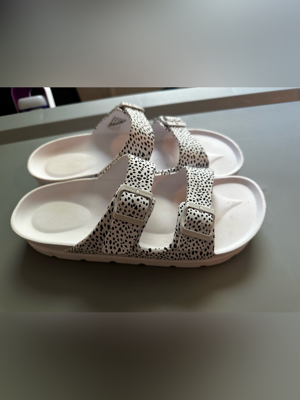 No Boundaries White Black Speckled Double Buckle Slide Wedge Sandals